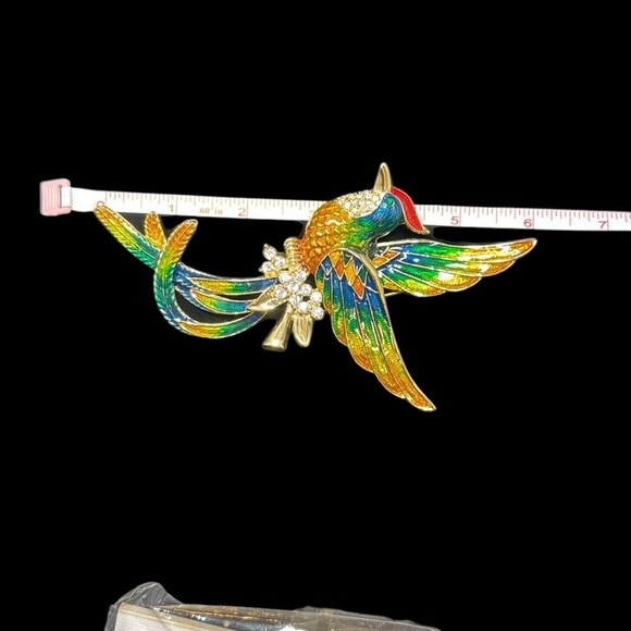 Hummingbird brooch, pin large, vibrant, colorful, feathers, enamel, rhinestones - Picture 8 of 9
